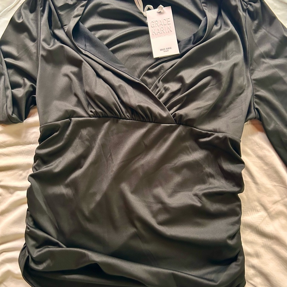 Grace Karin Black Satin Blouse